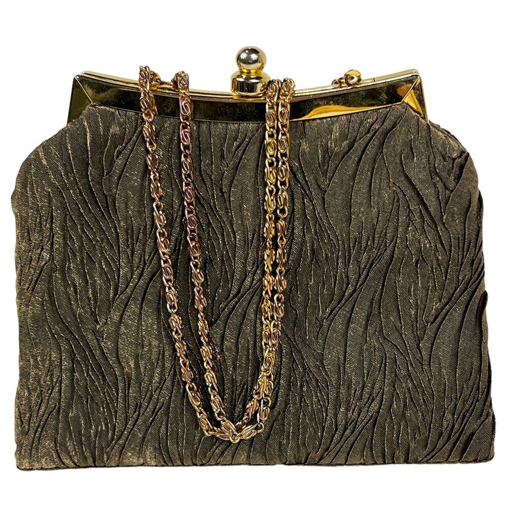 Vintage Gold Green Shimmery Metallic Textured Box Evening Bag Gold Chain Strap